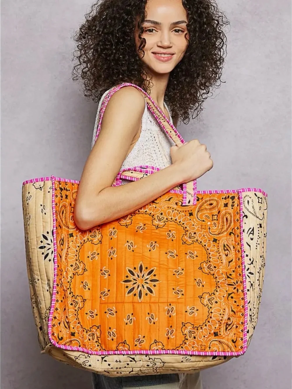 POL LOVE Embroidered Orange & Pink Quilted Cotton Tote Bag